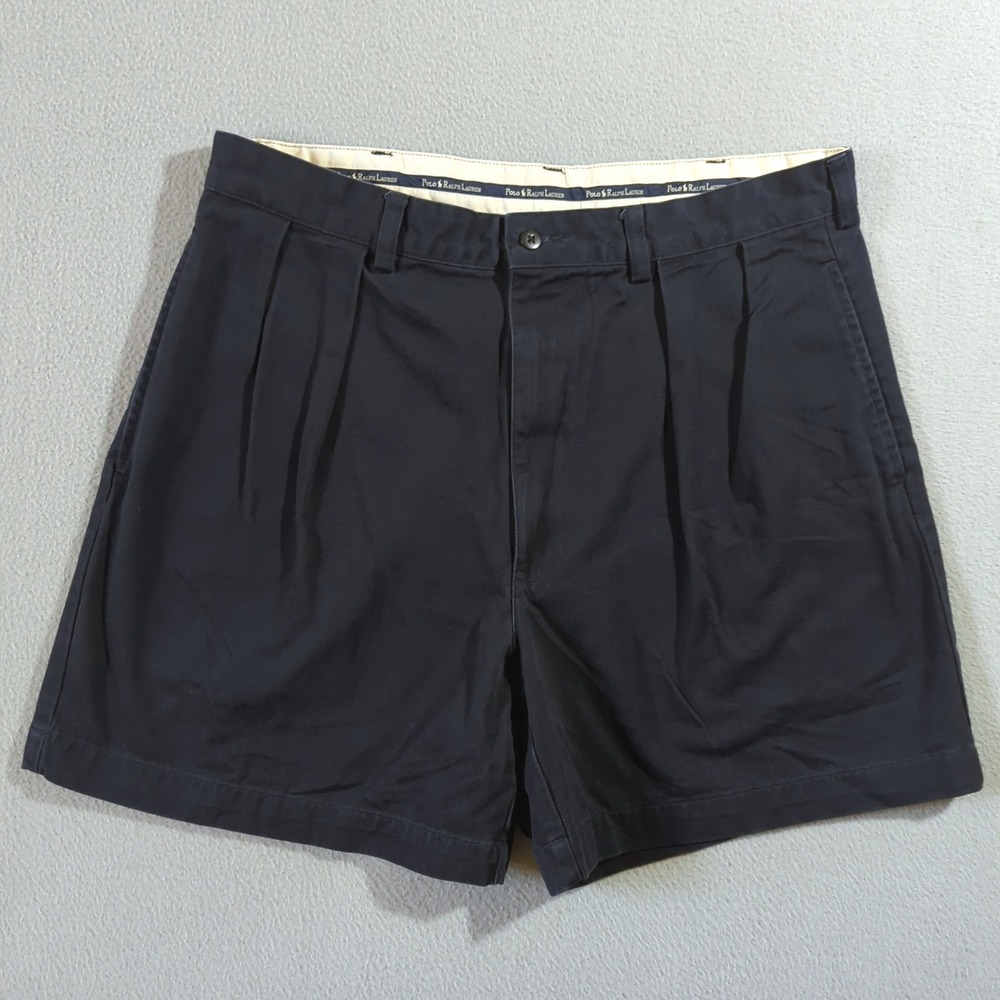 VTG Polo Ralph Lauren Andrew Short Mens 35 Navy Blue Pleated Chino Cotton Y2K